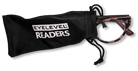 Eyelevel-UK Windsor reading glasses with tortoiseshell cat-eye frames partially inside a black branded drawstring pouch