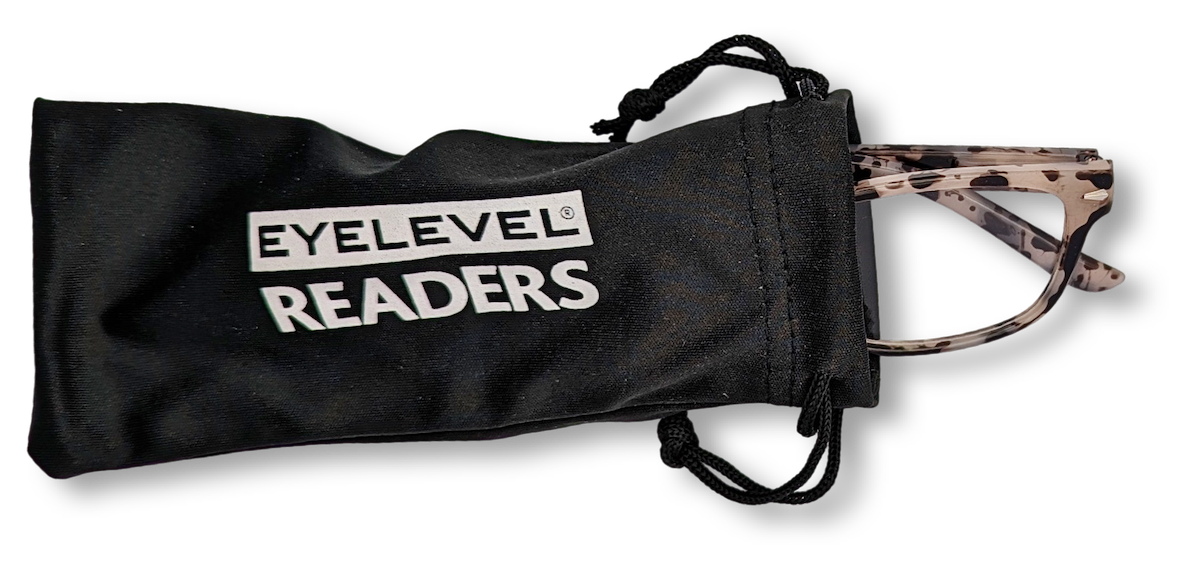 Eyelevel-UK Zante reading glasses with a brown and beige patterned frame inside a black branded drawstring pouch.