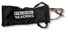 Eyelevel-UK Zante reading glasses with a brown and beige patterned frame inside a black branded drawstring pouch.