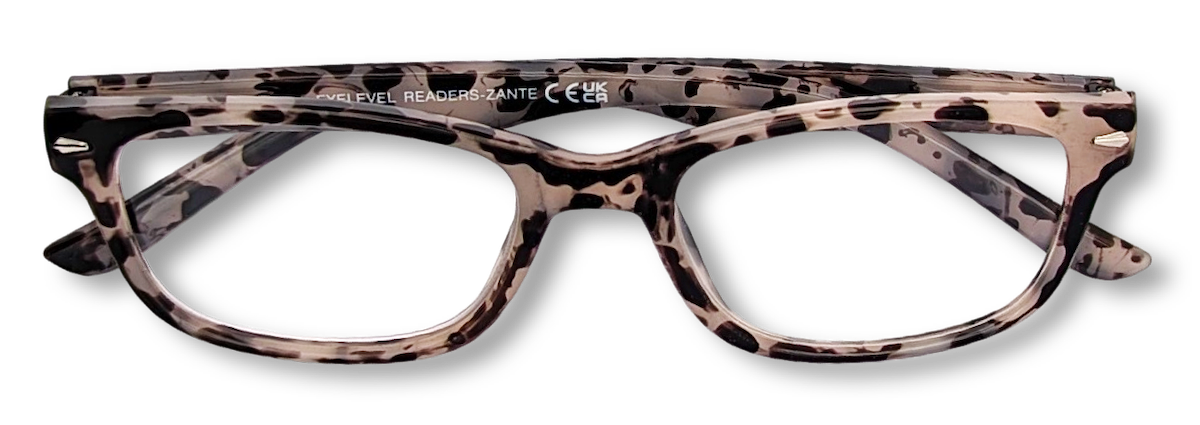 Eyelevel-UK Zante reading glasses with a brown and beige tortoiseshell patterned rectangular plastic frame.