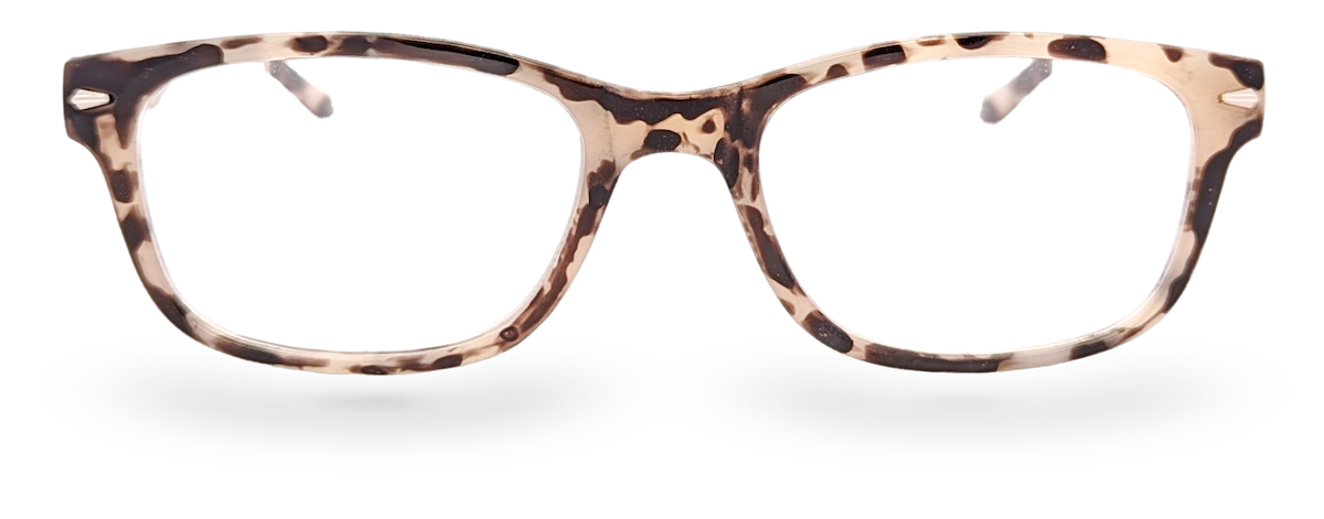Eyelevel-UK Zante reading glasses with a softly squared brown and beige tortoiseshell frame and clear lenses.