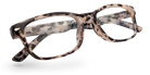 Eyelevel-UK Zante reading glasses with a brown and beige tortoiseshell rectangular frame and clear magnifying lenses.