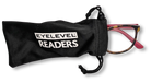 Eyelevel-UK Zurich reading glasses with tortoiseshell frames and berry-pink temples inside a black drawstring pouch