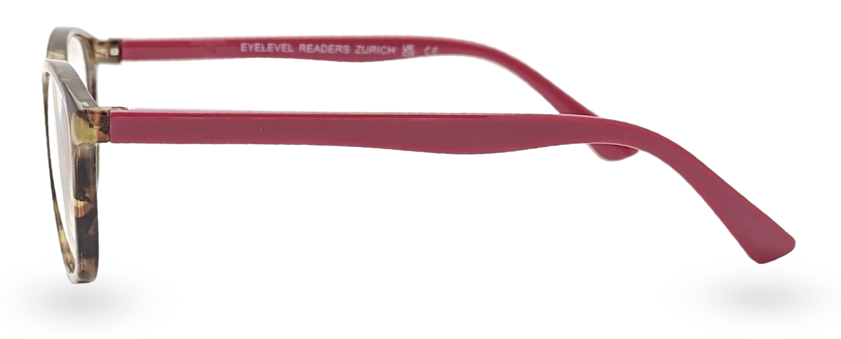Side view of Eyelevel-UK Zurich reading glasses with tortoiseshell front and berry-pink temples