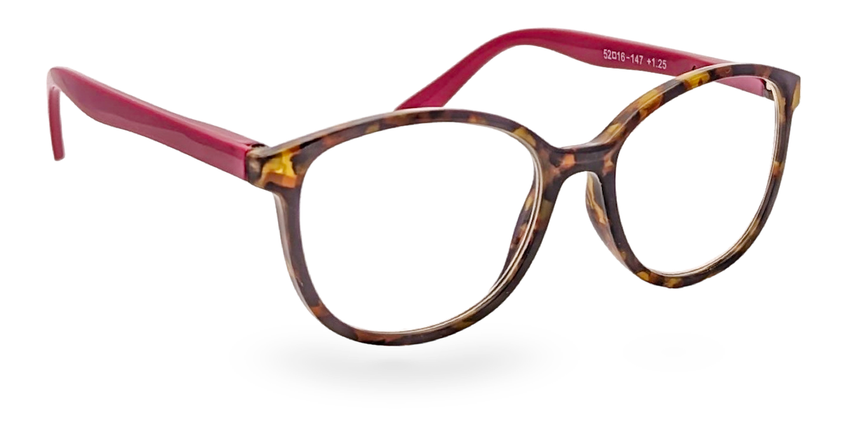 Eyelevel-UK Zurich reading glasses with a tortoiseshell rounded square frame and contrasting berry-pink temples.