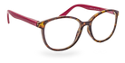 Eyelevel-UK Zurich reading glasses with a tortoiseshell rounded square frame and contrasting berry-pink temples.