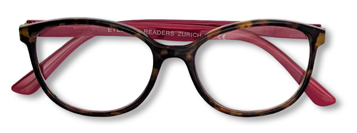 Eyelevel-UK Zurich reading glasses with a tortoiseshell squared frame and berry-pink temples.
