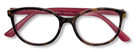 Eyelevel-UK Zurich reading glasses with a tortoiseshell squared frame and berry-pink temples.
