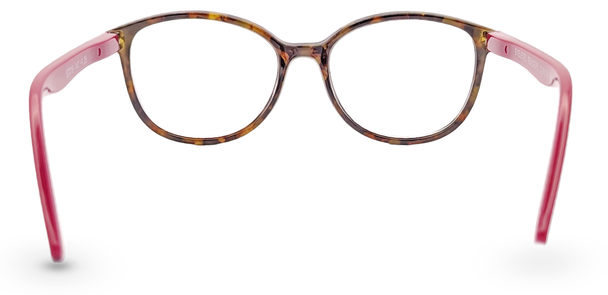Eyelevel-UK Zurich reading glasses with a tortoiseshell rounded square frame and berry-pink temples, back view.