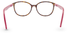 Eyelevel-UK Zurich reading glasses with a tortoiseshell rounded square frame and berry-pink temples, back view.
