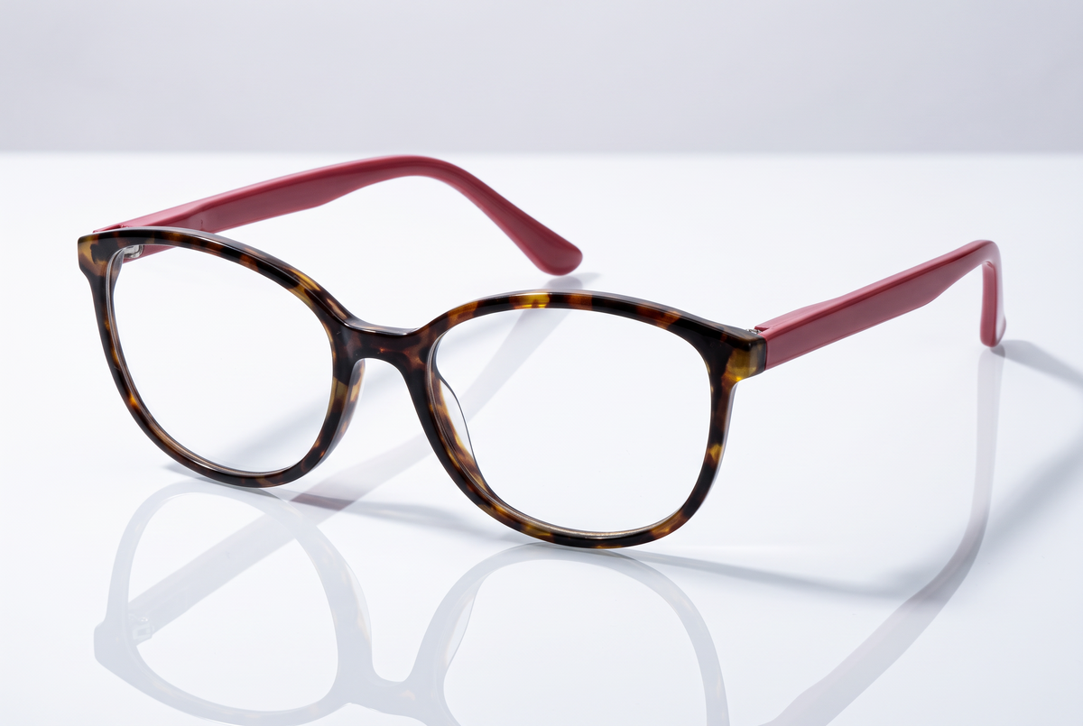 Eyelevel-UK Zurich reading glasses with a tortoiseshell square frame and berry-pink temples on a reflective surface.