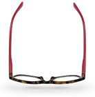 Eyelevel-UK Zurich reading glasses with tortoiseshell frames and berry-pink temples viewed from above