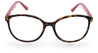 Eyelevel-UK Zurich reading glasses with a tortoiseshell rounded square frame and contrasting berry-pink temples.