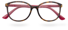 Eyelevel-UK Zurich reading glasses with a tortoiseshell square frame and berry-pink temples on a white background.