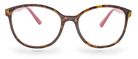 Eyelevel-UK Zurich reading glasses with a tortoiseshell rounded square frame and contrasting berry-pink temples.